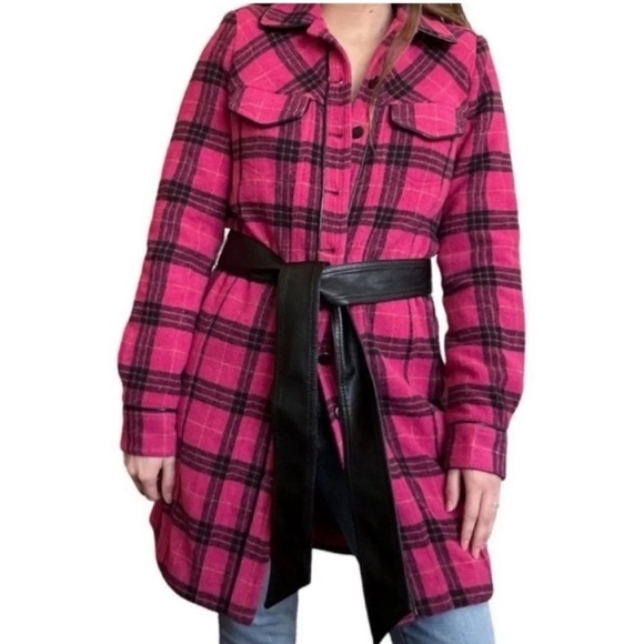 Retrofete Pink Plaid Belted Shirt Jacket - Picture 1 of 5